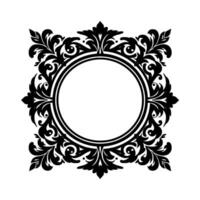 Elegant black and white floral crest with a central circular blank space, a sophisticated decorative frame. vector