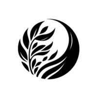 Elegant, symmetrical emblem featuring a stylized botanical with a central plant encircled by a curved, leaflike motif, rendered in bold black and white. vector