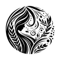 Silhouette of a womans profile entwined within a circular with stylized flowing hair, botanical elements, and swirling patterns. vector
