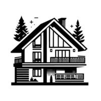 Monochromatic illustration of a modern twostory house with gable roof, balconies, large windows, pine trees, and stylized architectural design. vector