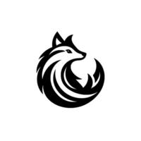 A minimalist black and white stylized featuring a fox curled into a circular shape, depicting flowing lines and a sleek design, set against a blank backdrop. vector