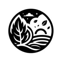 Minimalist black and white nature scene within a circle, featuring a large leaf, mountains, water, sky, and stars. vector