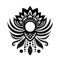 Intricate black and white geometric mandala floral, feathered, and circular elements in a symmetrical composition. vector