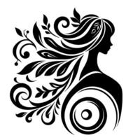 Elegant black silhouette a womans profile adorned with floral and swirl elements against a white background vector