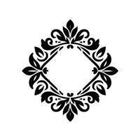 Elegant black and white floral frame with symmetrical leaf and swirl designs centering a diamond shape. vector