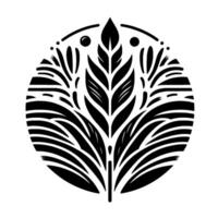 Monochromatic floral emblem with intricate leaf detail, enclosed in a circle and adorned with simple embellishments, evoking elegance. vector
