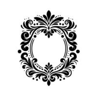 Elegant black and white ornamental oval frame with flourishes, leaves, and a central blank space for customization. vector