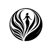 A stylized silhouette of a woman in a flowing dress, centered within a black and white circle formed by stylized leaflike shapes, conveying grace and natural beauty. vector