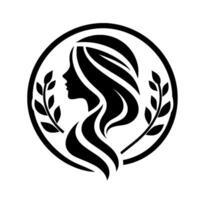 Elegant silhouette of a womans profile within a circular frame, adorned with flowing hair, olive branches, and a monochromatic design. vector