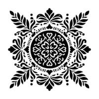 Ornate black and white floral mandala pattern with symmetrical design, featuring leaves, hearts, and dots. vector