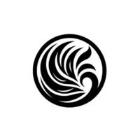 Elegant black and white emblem featuring stylized organic shapes swirling within a circular frame, conveying sophistication. vector
