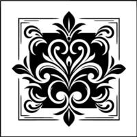 Intricate black and white floral within a rectangular border, showcasing symmetrical elegance with swirls, leaves, and central detail. vector