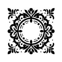 Ornate black floral emblem in square frame symmetrical with a central circle, surrounded by stylized leaves and flourishes, set against a pure white background. vector