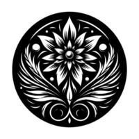 Ornate monochrome floral mandala intricate of petals, leaves, and symmetry within a circular frame. vector
