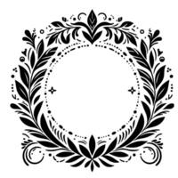 Elegant black botanical wreath with ornate leafy details and a central circular void on a bright white background. vector