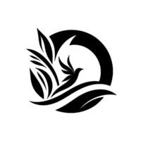 Monochrome featuring a bird in flight, nestled amidst stylized leaves and a curved arch, exuding a sense of freedom and organic form. vector
