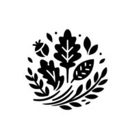 A minimalist black and white emblem featuring a circular arrangement of stylized leaves, an acorn, and delicate branches, evoking a sense of nature and tranquility. vector