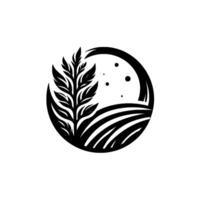 A minimalist black and white depicts a tree with leaves, fields and a moon in a circular frame. the composition is simple and clean, conveying a sense of nature and serenity. vector