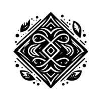 An intricate, symmetrical, black and white geometric featuring a central diamond, floral elements and surrounding dot pattern, on a bright white background. vector