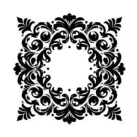 Symmetrical, ornate black and white floral forming a square frame around a central open circle, highlighting elegant curves and detailed patterns. vector