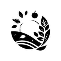 A minimalist black and white emblem, featuring a stylized landscape with leaves, an apple, and a curved, layered silhouette suggesting a field. vector