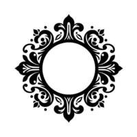 Ornate black and white circular decorative frame with floral and curvilinear elements, centering a blank white circle, elegant aesthetic. vector