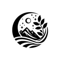 A stylized black and white emblem showcasing a mountain range with a crescent moon, stars, and a leafy branch, framed within a circular design, conveying a sense of serenity and natural beauty. vector