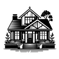 Black and white illustration of a charming twostory house with a gabled roof, a porch, landscaping, and a small tree on the side, evoking a sense of peace. vector