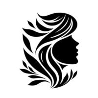 Silhouette of a womans profile intertwined with stylized leaves and flowing hair, creating an elegant and organic on a clean white background. vector