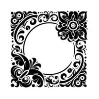 Intricate black and white floral border framing a central circular void, detailed ornate elements with symmetry and flow. vector