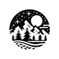 Serene monochrome nightscape circular featuring mountains, pine trees, moon, and stars in a geometric composition. vector