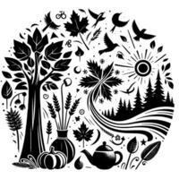 A whimsical black and white circular illustration of autumn, featuring trees, birds, leaves, a sun, and various natural elements arranged. vector