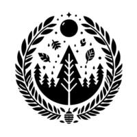 A minimalist black and white emblem featuring a stylized forest landscape encircled by a laurel wreath, adorned with celestial elements and autumnal motifs. vector