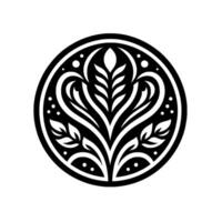 Intricate black and white circular botanical featuring a central leafy stem, curving elements, and delicate dot accents. vector