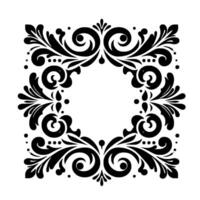 Elegant black white floral frame intricate symmetrical featuring stylized foliage, scrolls, and dots surrounding a central empty space, perfect for invitations or logos. vector