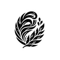 An elegant, symmetrical black and white featuring stylized leaves and flowing, curvilinear shapes within an oval composition. vector