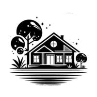 Stylized monochrome illustration of a house with circular trees and a luminous orb, embodying tranquility and minimalist aesthetics. vector