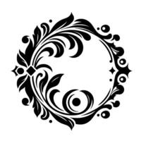 A symmetrical, elegant black and white floral motif with a circular composition, showcasing ornate leaves, curls, and geometric elements. vector