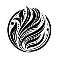 A circular black and white abstract featuring swirling, curved shapes and dot accents, reminiscent of a stylized natural form within an enclosed border. vector