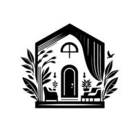 Monochrome illustration of a stylized home with arched doorway, curtains, furniture, and surrounding foliage, evoking a sense of calm and nature with a flying bird, against a white background. vector