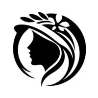 Silhouette of a womans profile within a circular frame, adorned with flowing hair and floral elements, a stylized black and white design. vector