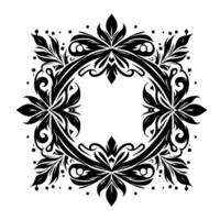 Ornate black and white floral frame symmetrical with leaves, vines, and a circular center vector