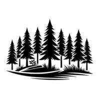 Silhouette of a clustered pine forest, rendered in solid black against a stark white background, evoking a sense of simplicity. vector
