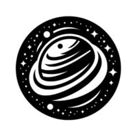Stylized monochrome planet with layered rings encircled by a starry sky, presented in a circular, minimalist emblem. vector