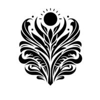 A symmetrical black and white stylized floral featuring a sun at the top, intricate leaf and swirl patterns, and a light drop shadow. vector