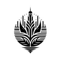 Abstract black and white botanical illustration a stylized, symmetrical of a plant within a segmented circle, evoking art deco elegance. vector