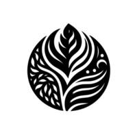 A symmetrical, stylized botanical emblem in monochrome, featuring floral and wavelike patterns enclosed within a circular frame, showcasing balance and harmony. vector