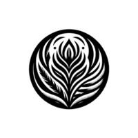 A symmetrical black and white floral enclosed within a circular frame, showcasing a central stylized bloom and intricate leaf patterns, evoking a sense of nature and elegance. vector