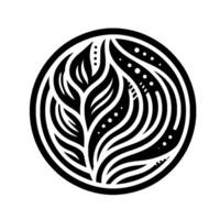 Abstract black and white circular featuring a stylized botanical motif with curved lines and dotted accents. vector