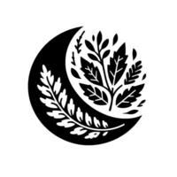A stylized black and white illustration featuring a crescent moon embracing an arrangement of leafy branches. vector